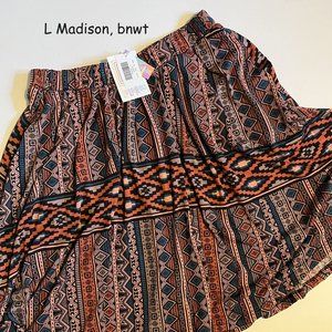 Large Lularoe Madison full skirt, pink and blue SW tribal stripes